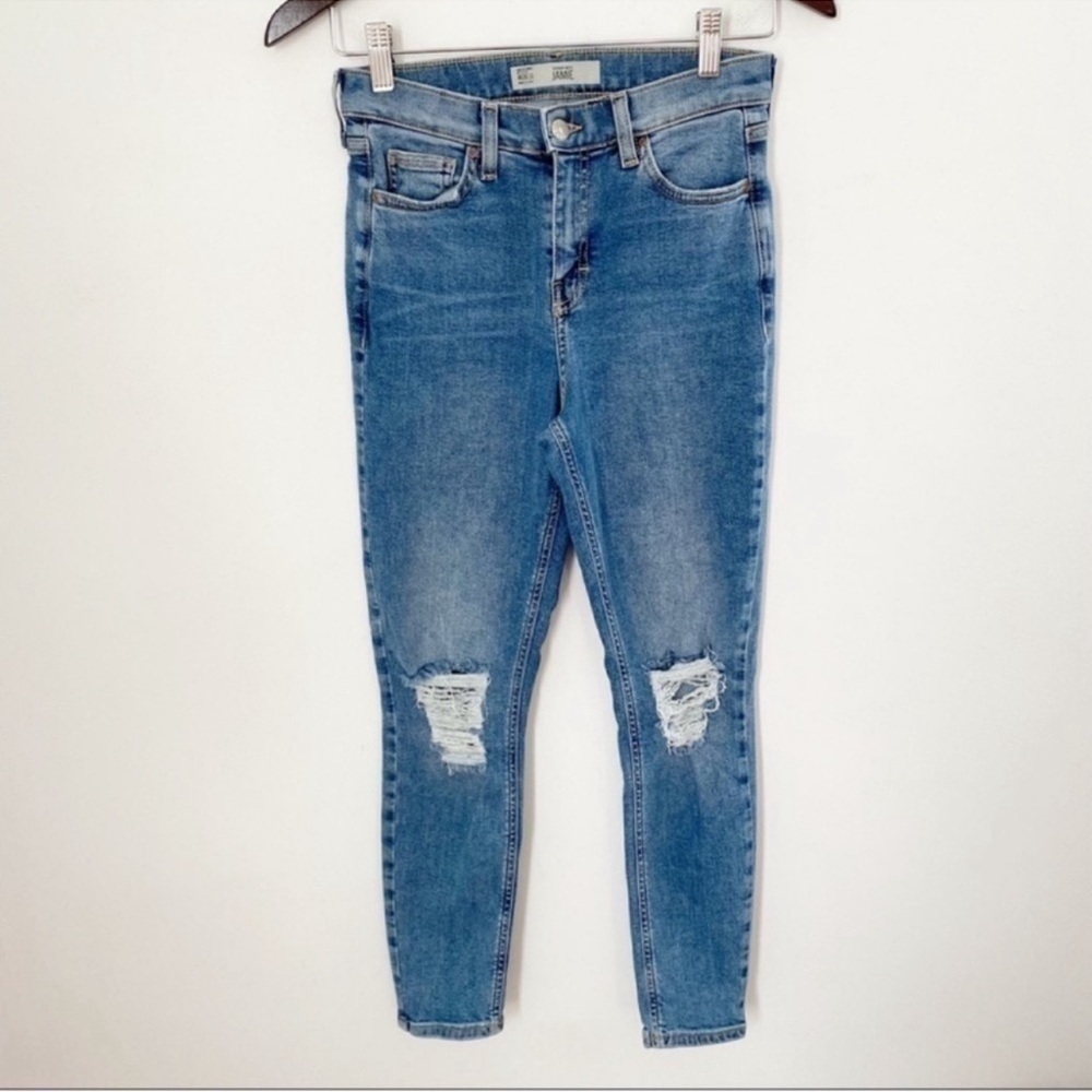 Topshop Moto High Rise Ankle Length Distressed Knees Skinny Jeans Size 26 Waist